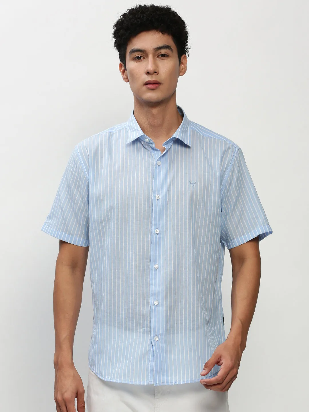 Men Blue Standard Vertical Striped Cotton Slim Fit Casual Shirt