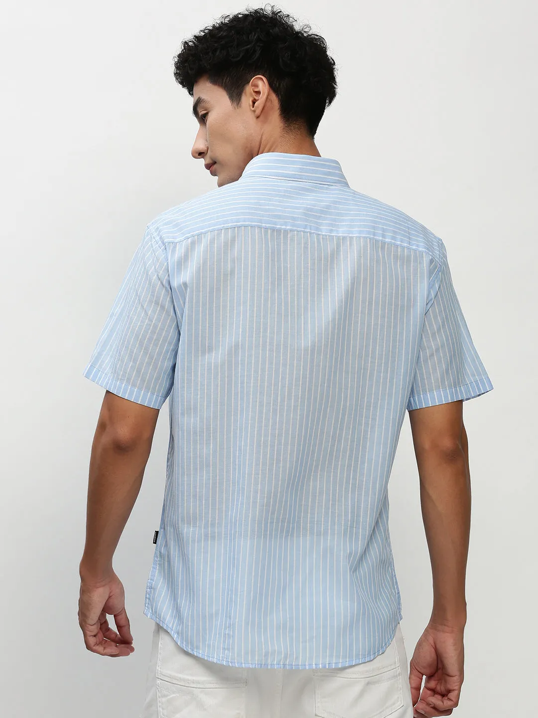 Men Blue Standard Vertical Striped Cotton Slim Fit Casual Shirt