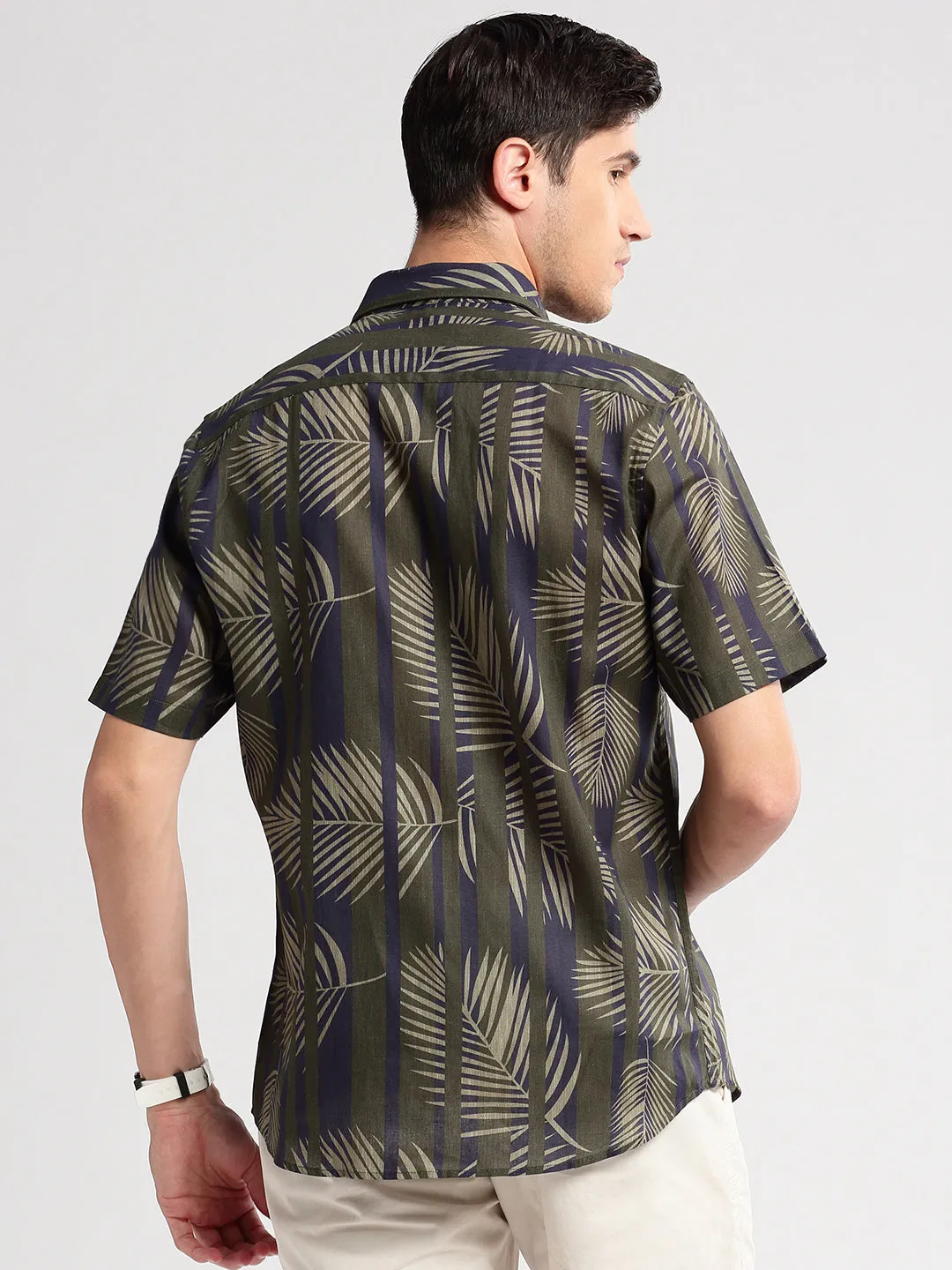 Men Green Smart Slim Fit Floral Printed Cotton Casual Shirt