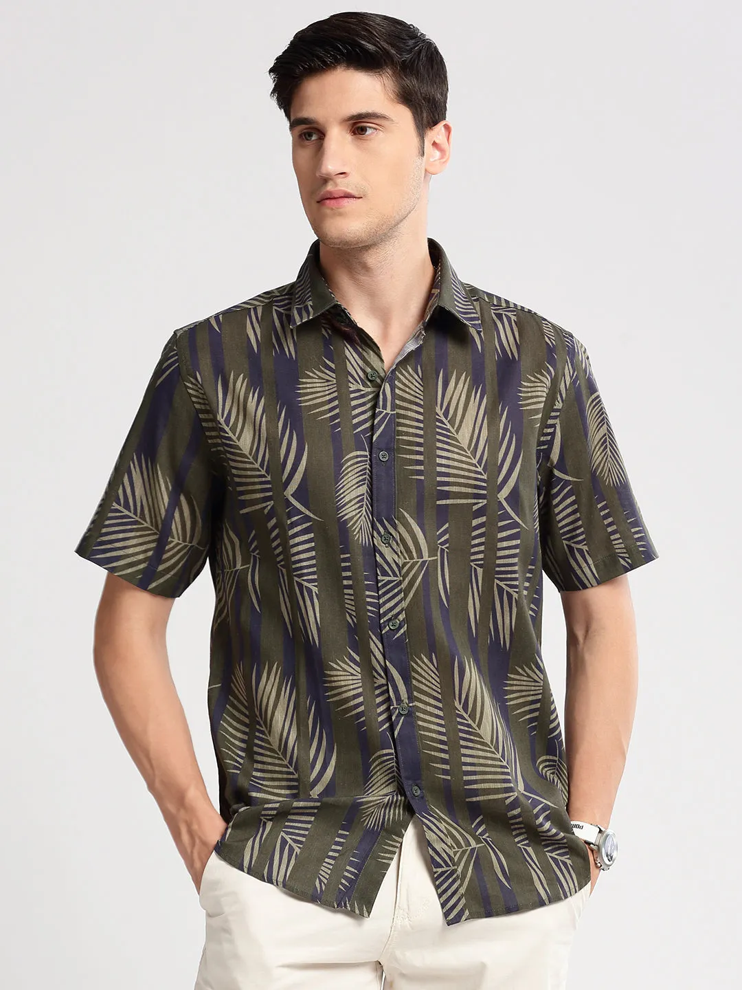 Men Green Smart Slim Fit Floral Printed Cotton Casual Shirt