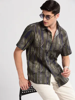 Men Green Smart Slim Fit Floral Printed Cotton Casual Shirt