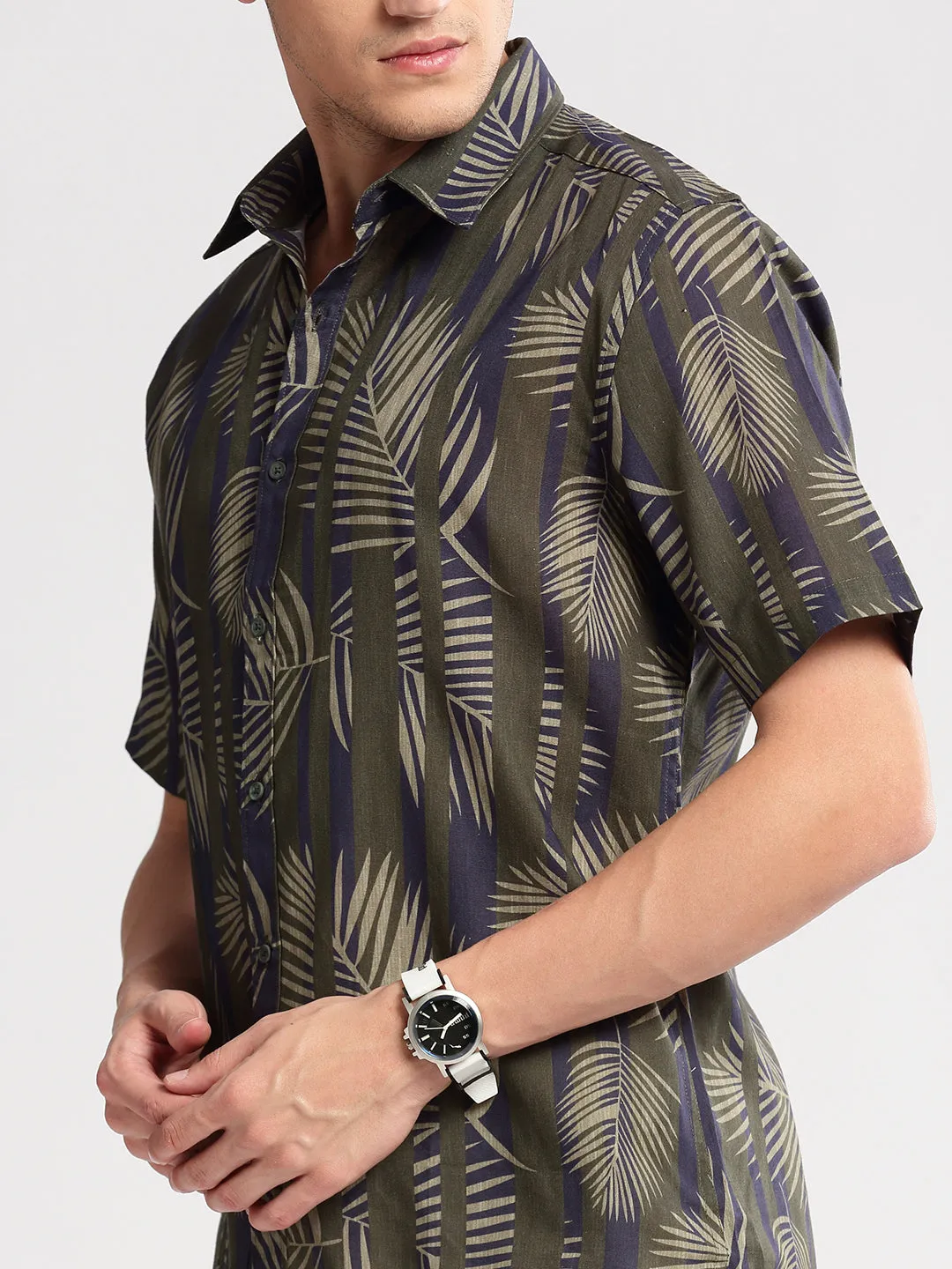 Men Green Smart Slim Fit Floral Printed Cotton Casual Shirt