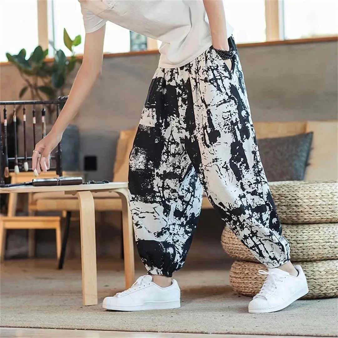 Men Harem Pants Joggers Printed Drawstring Trousers Men Loose Streetwear Linen Casual Pants