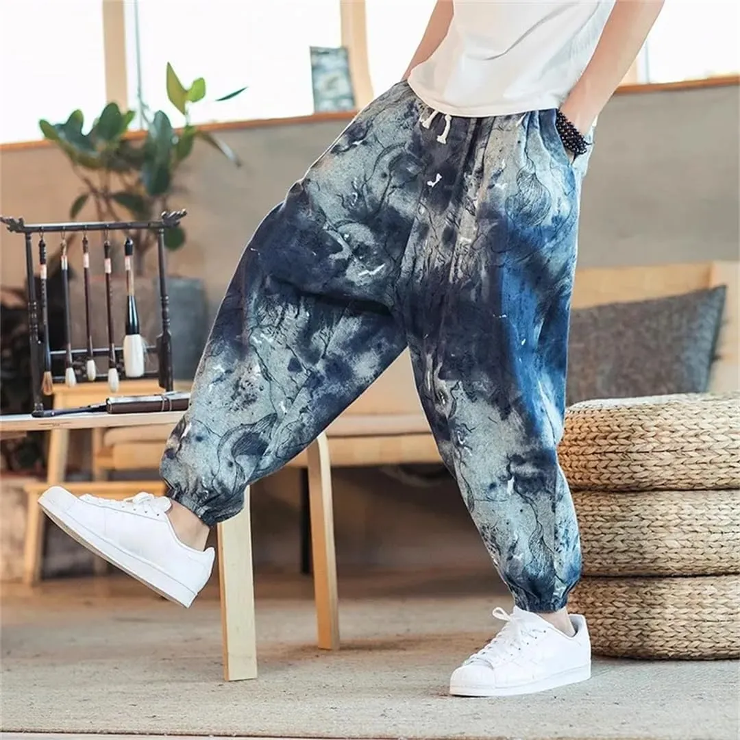 Men Harem Pants Joggers Printed Drawstring Trousers Men Loose Streetwear Linen Casual Pants
