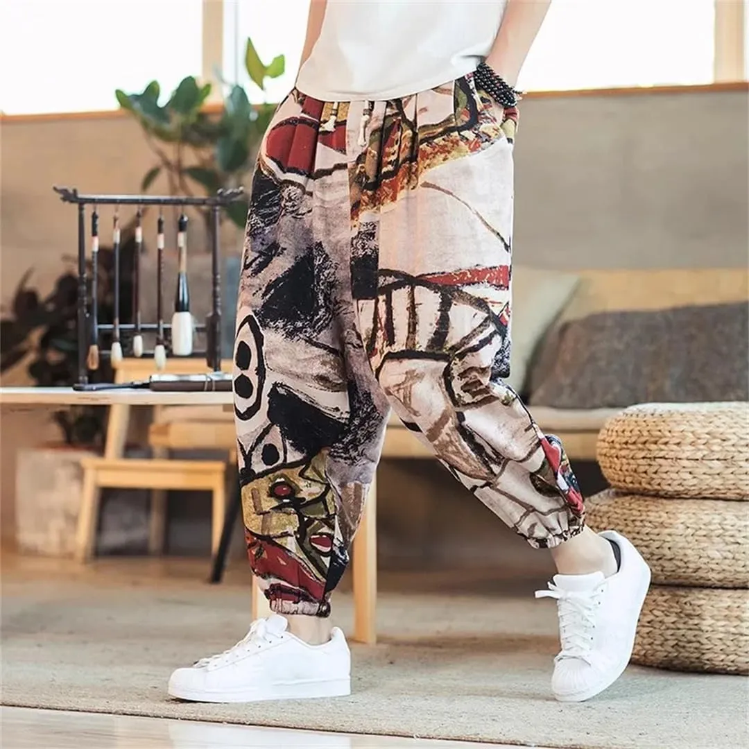 Men Harem Pants Joggers Printed Drawstring Trousers Men Loose Streetwear Linen Casual Pants