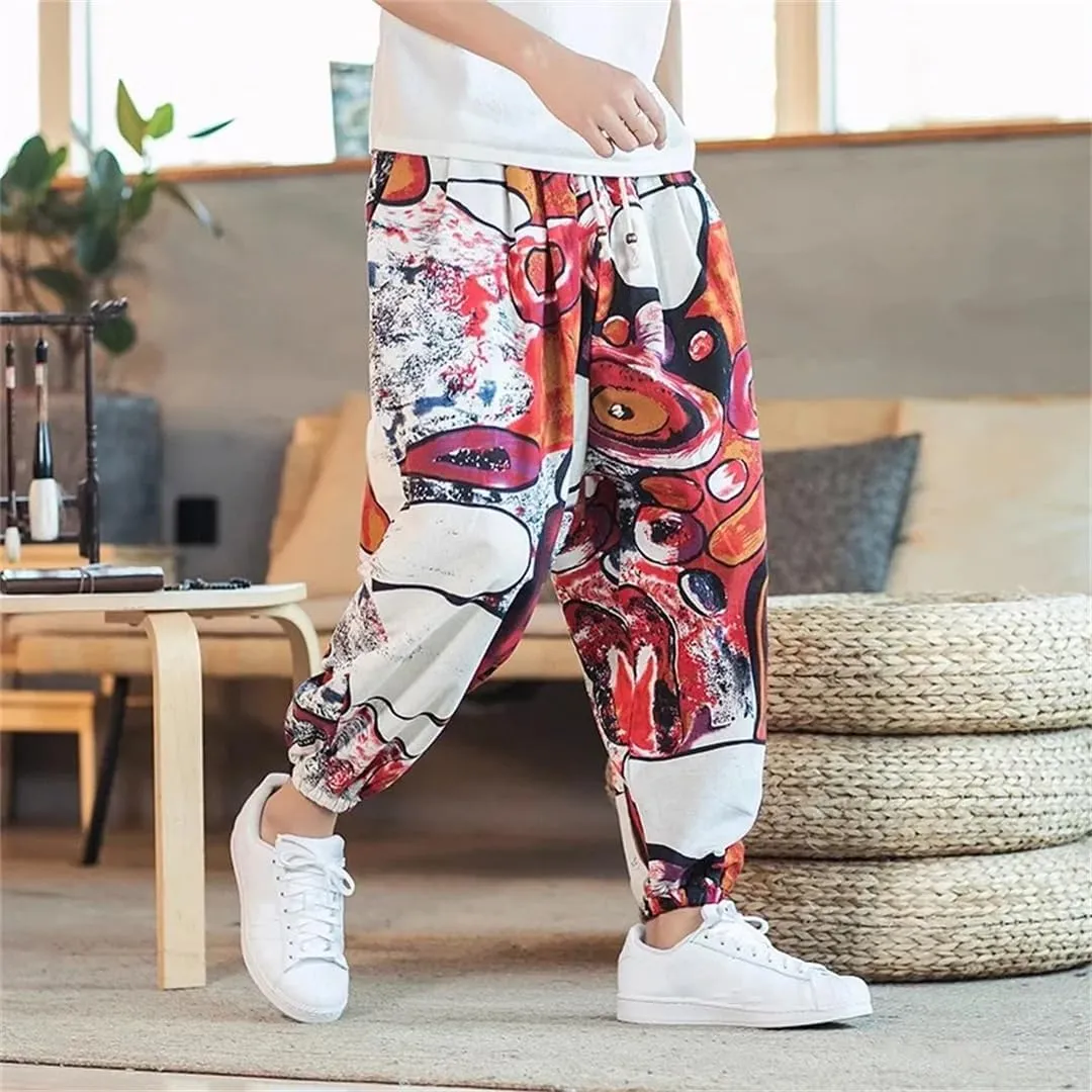 Men Harem Pants Joggers Printed Drawstring Trousers Men Loose Streetwear Linen Casual Pants