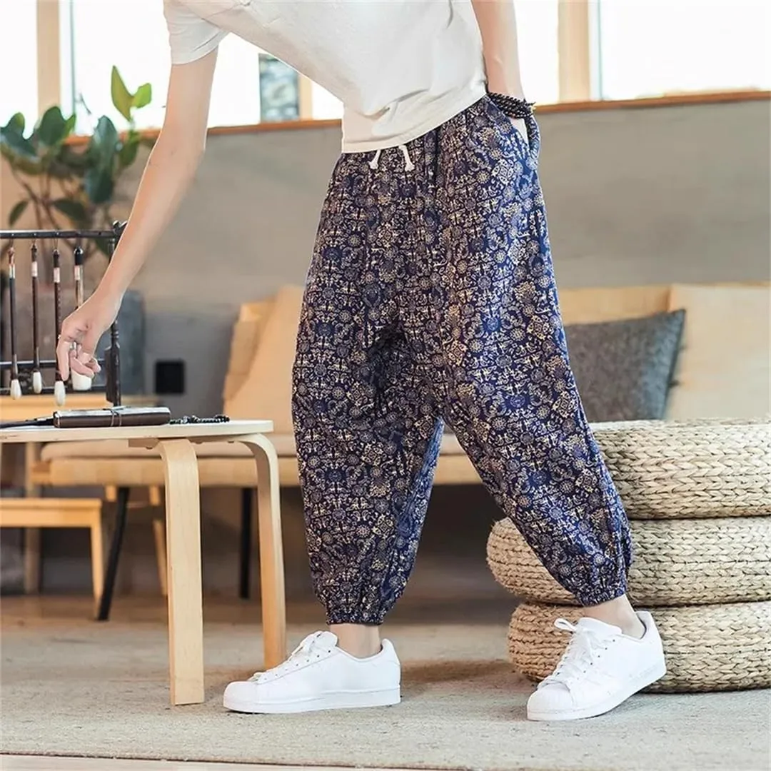 Men Harem Pants Joggers Printed Drawstring Trousers Men Loose Streetwear Linen Casual Pants