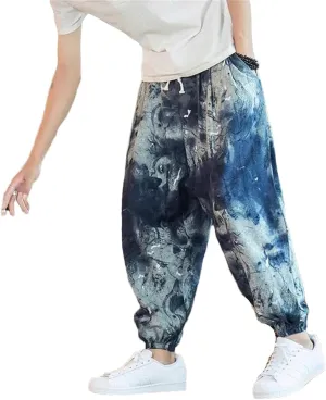 Men Harem Pants Joggers Printed Drawstring Trousers Men Loose Streetwear Linen Casual Pants