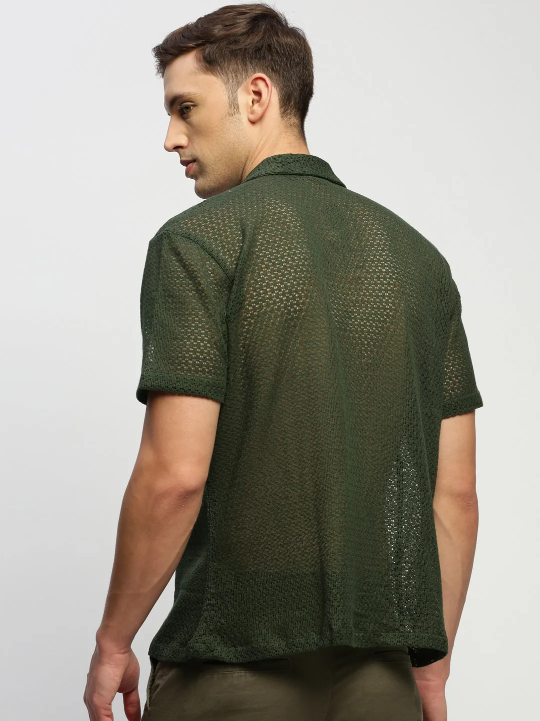 Men Olive Self Design Cuban Collar Comfort Relaxed Fit Sheer Cotton Crochet Casual Shirt