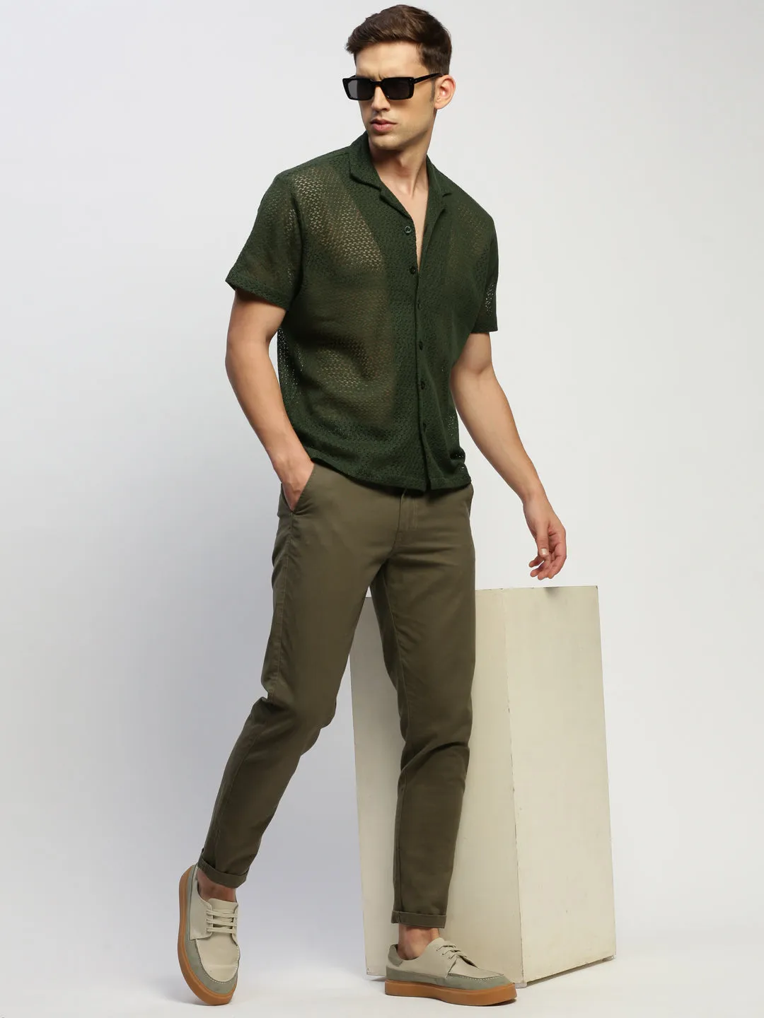 Men Olive Self Design Cuban Collar Comfort Relaxed Fit Sheer Cotton Crochet Casual Shirt
