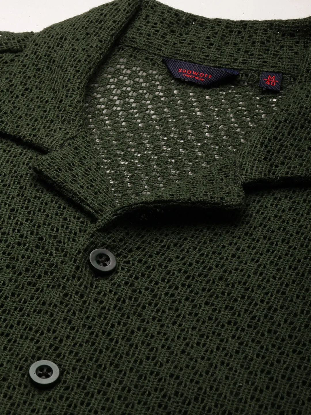 Men Olive Self Design Cuban Collar Comfort Relaxed Fit Sheer Cotton Crochet Casual Shirt