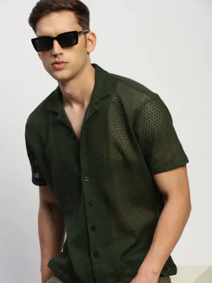 Men Olive Self Design Cuban Collar Comfort Relaxed Fit Sheer Cotton Crochet Casual Shirt