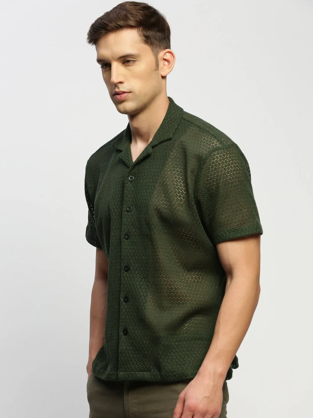 Men Olive Self Design Cuban Collar Comfort Relaxed Fit Sheer Cotton Crochet Casual Shirt