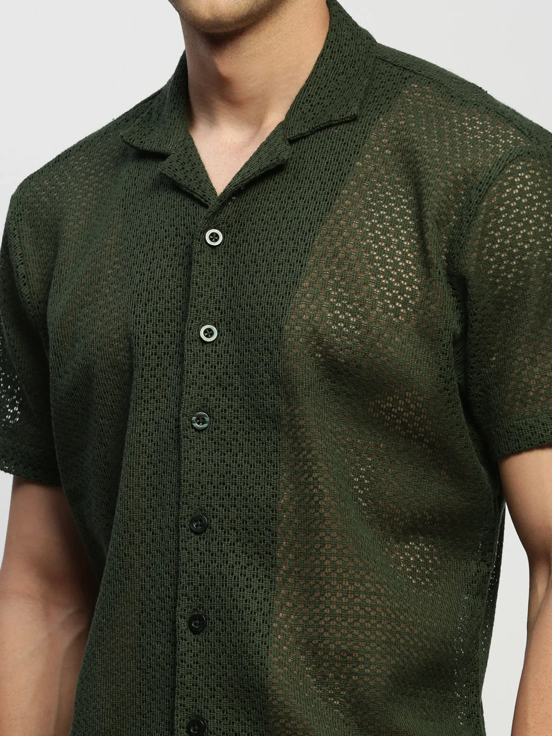 Men Olive Self Design Cuban Collar Comfort Relaxed Fit Sheer Cotton Crochet Casual Shirt