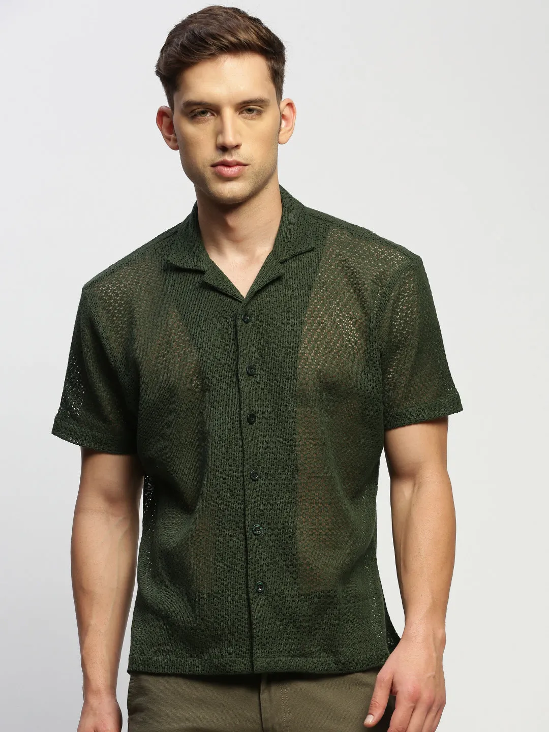 Men Olive Self Design Cuban Collar Comfort Relaxed Fit Sheer Cotton Crochet Casual Shirt