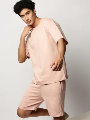 Men Peach Round Neck Short Sleeves T-Shirt & Shorts Co ords Set