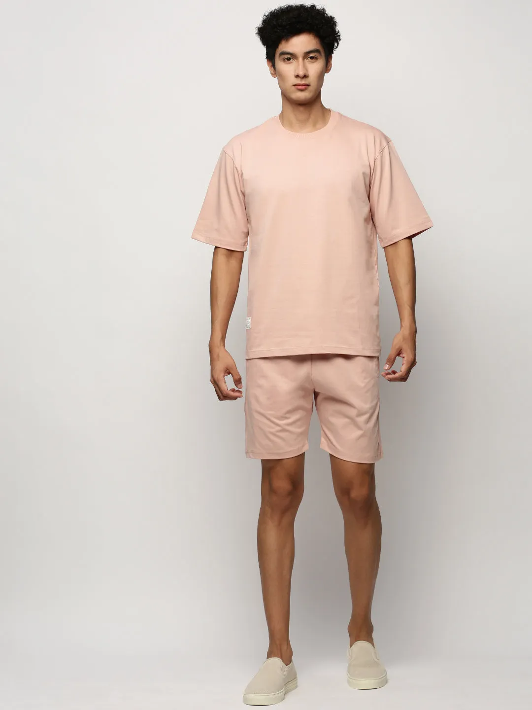 Men Peach Round Neck Short Sleeves T-Shirt & Shorts Co ords Set