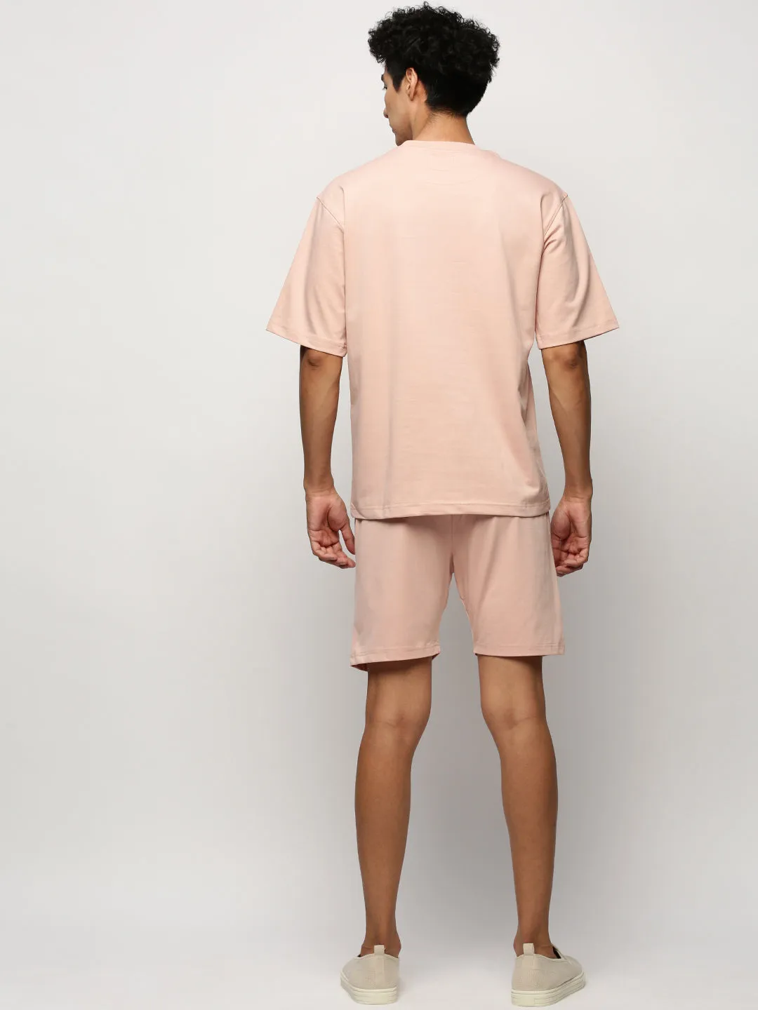 Men Peach Round Neck Short Sleeves T-Shirt & Shorts Co ords Set