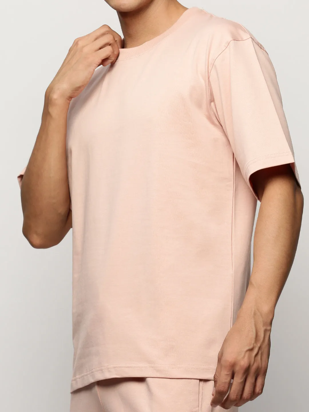 Men Peach Round Neck Short Sleeves T-Shirt & Shorts Co ords Set