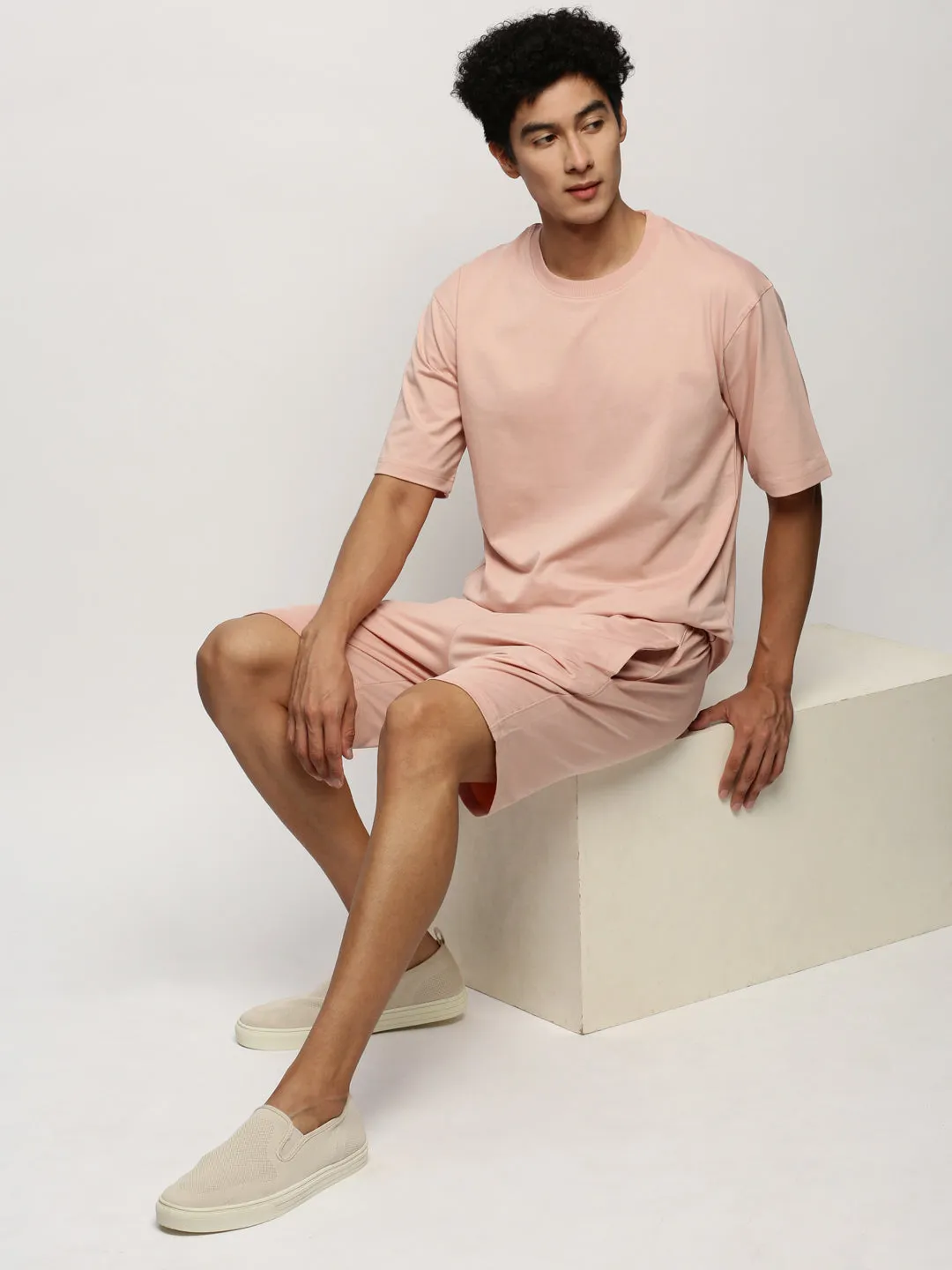 Men Peach Round Neck Short Sleeves T-Shirt & Shorts Co ords Set