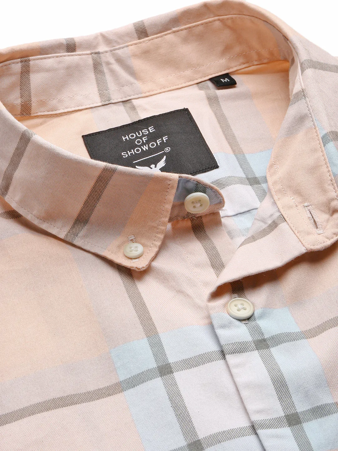 Men Peach Slim Fit Tartan Checked Long Sleeves Cotton Casual Shirt
