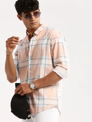 Men Peach Slim Fit Tartan Checked Long Sleeves Cotton Casual Shirt