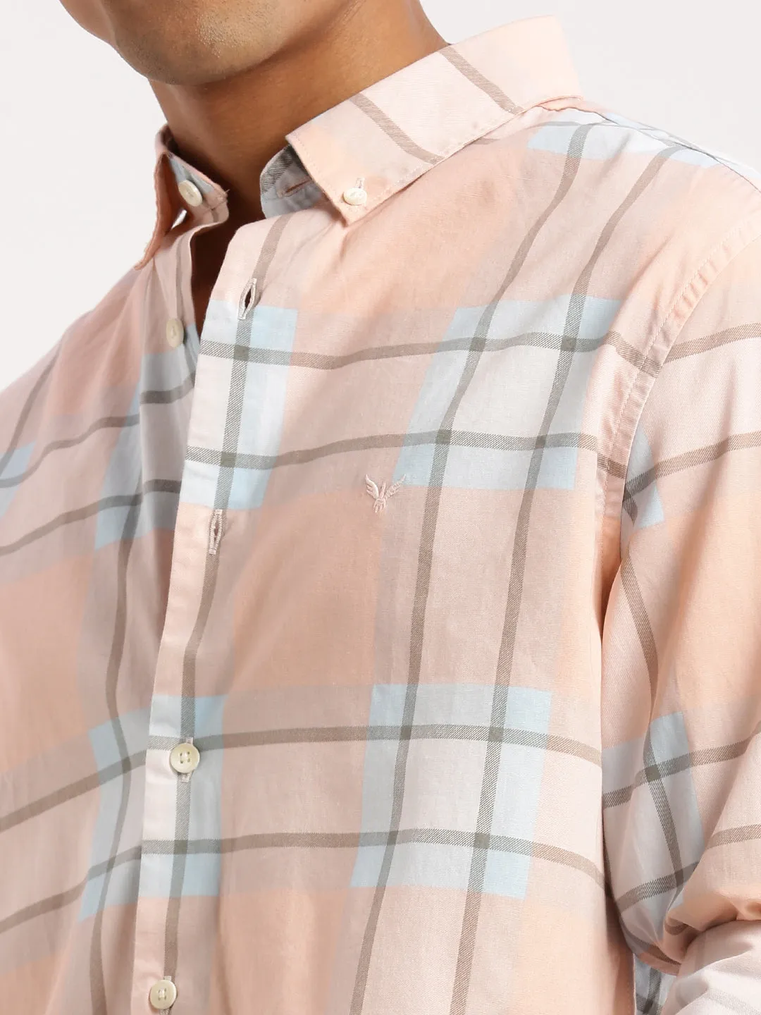 Men Peach Slim Fit Tartan Checked Long Sleeves Cotton Casual Shirt
