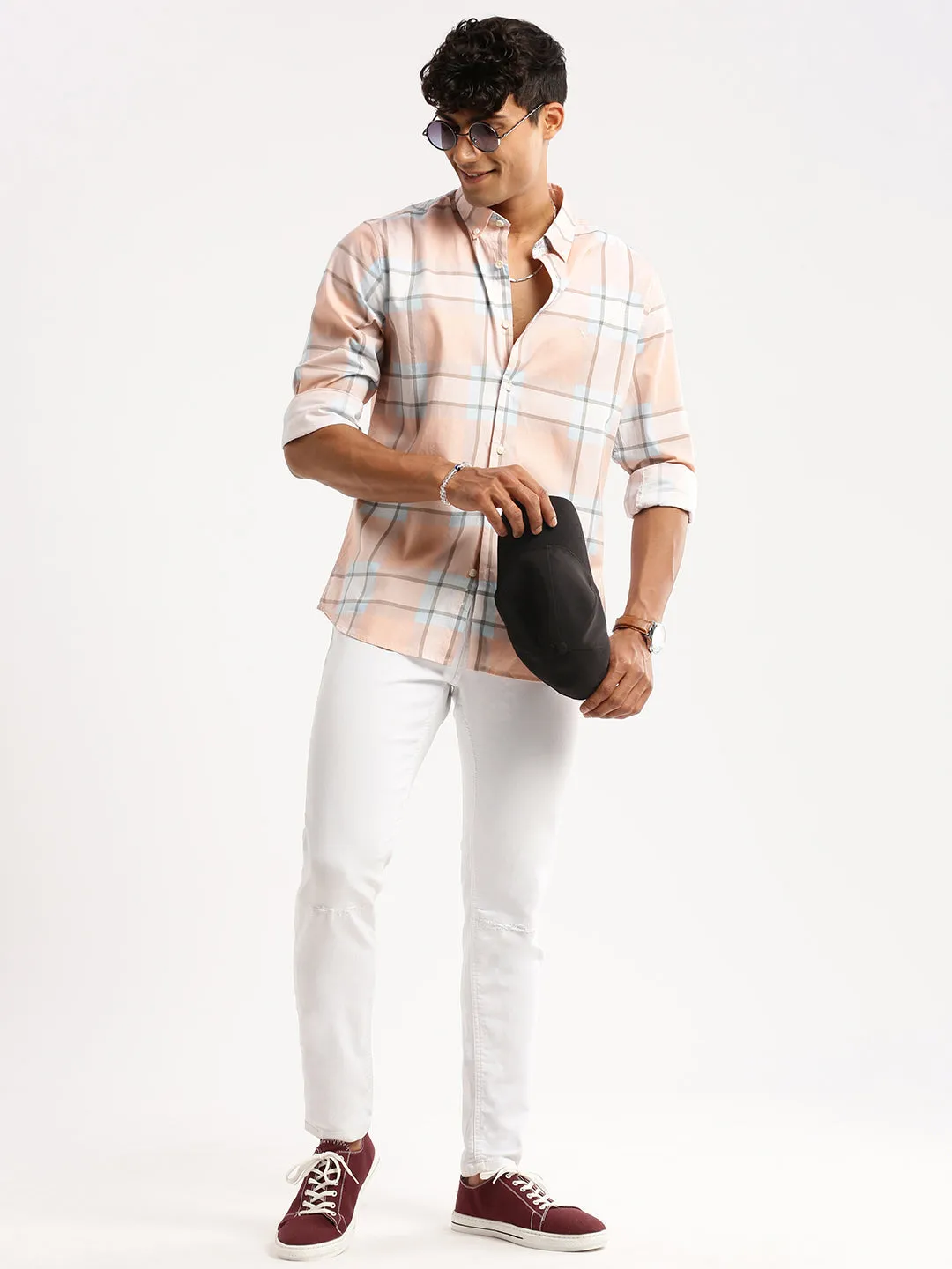 Men Peach Slim Fit Tartan Checked Long Sleeves Cotton Casual Shirt