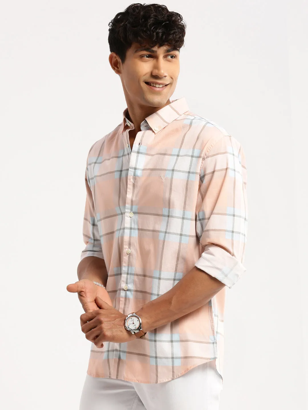 Men Peach Slim Fit Tartan Checked Long Sleeves Cotton Casual Shirt