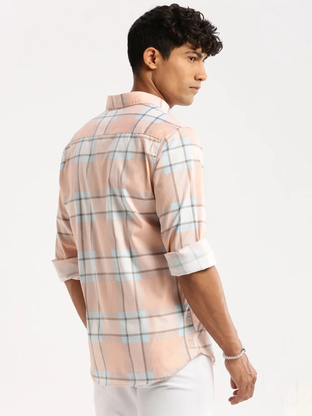 Men Peach Slim Fit Tartan Checked Long Sleeves Cotton Casual Shirt