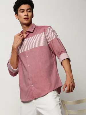 Men Pink Smart Horizontal Striped Twill Cotton Slim Fit Casual Shirt
