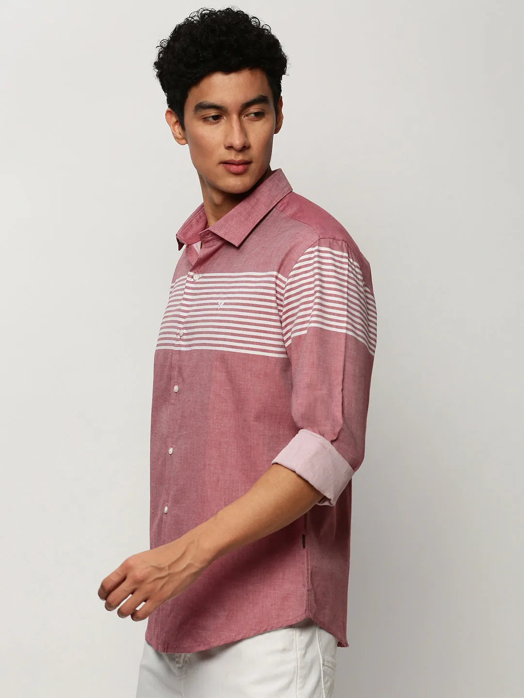 Men Pink Smart Horizontal Striped Twill Cotton Slim Fit Casual Shirt