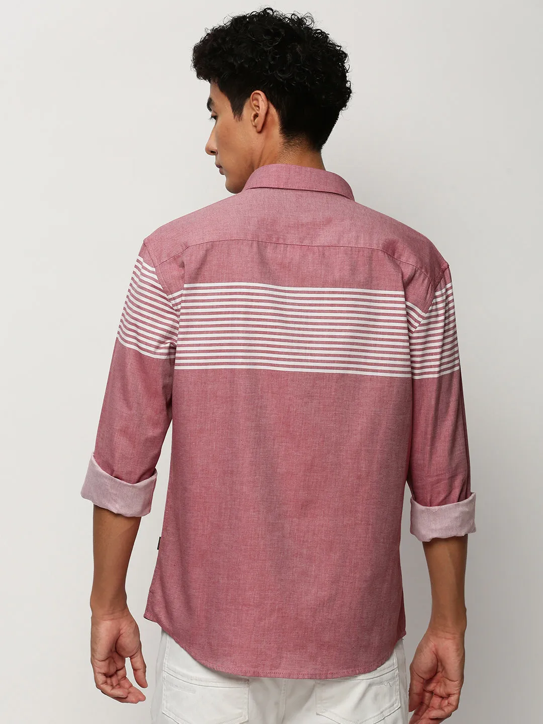 Men Pink Smart Horizontal Striped Twill Cotton Slim Fit Casual Shirt