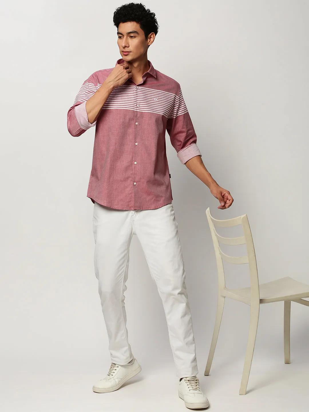 Men Pink Smart Horizontal Striped Twill Cotton Slim Fit Casual Shirt