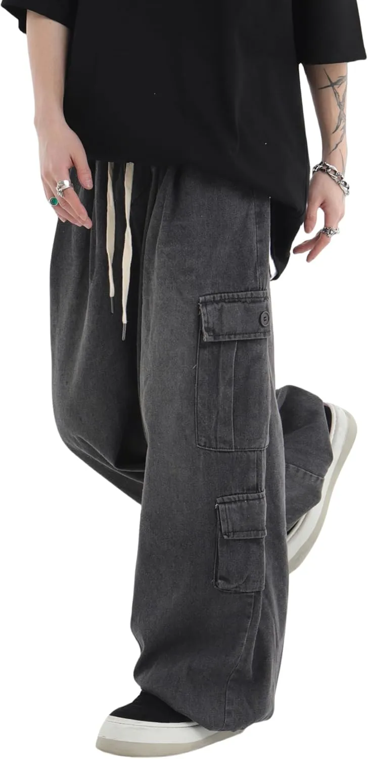 Mens Baggy Jeans Y2K Hip Hop Cargo Pants Harajuku Wide Leg Demin Joggers Emo Alt Streetwear Jeans