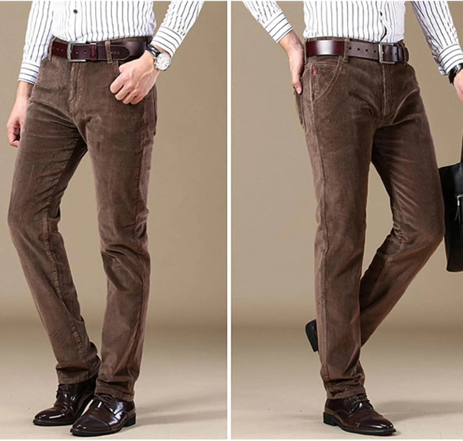 Men's Corduroy Straight Pant,Classic Slim Fit Business Suit Trousers,Flat-Front Casual Stretch Pants with Pockets