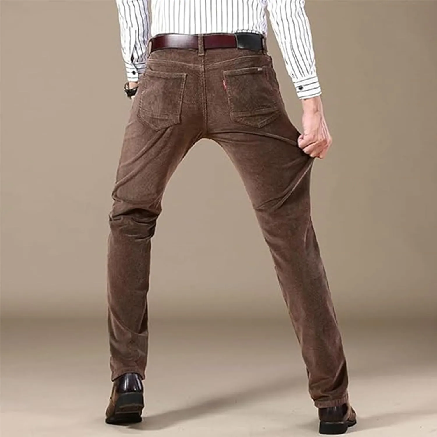 Men's Corduroy Straight Pant,Classic Slim Fit Business Suit Trousers,Flat-Front Casual Stretch Pants with Pockets