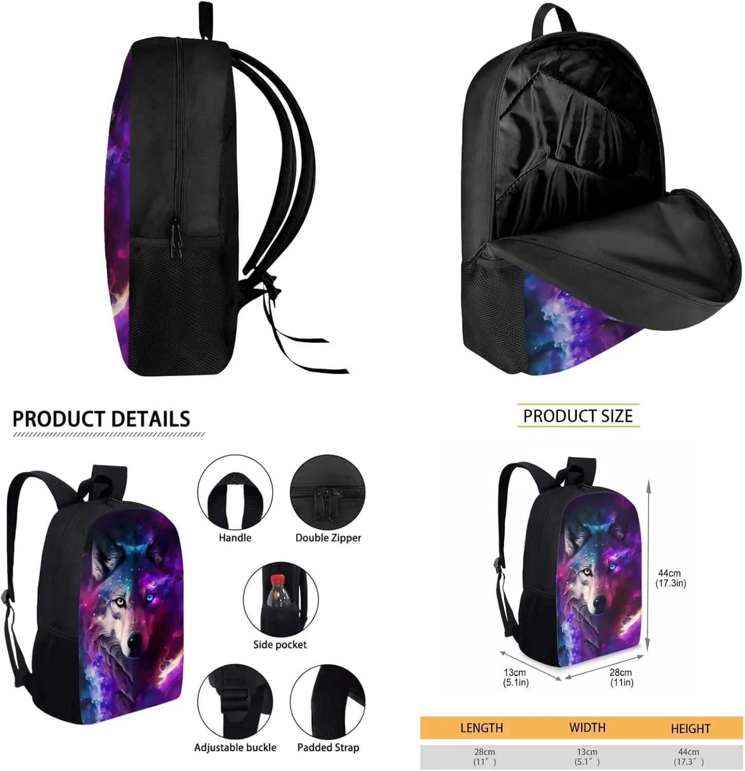 Merkmak Starry Wolf Boys Backpack with Lunch Box Set for 1St 2Nd Kids Cool Bookbag 17 Inch School Bag for Age 3-12 Children Lightweight Book Bags for Back to School Gifts
