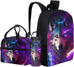 Merkmak Starry Wolf Boys Backpack with Lunch Box Set for 1St 2Nd Kids Cool Bookbag 17 Inch School Bag for Age 3-12 Children Lightweight Book Bags for Back to School Gifts