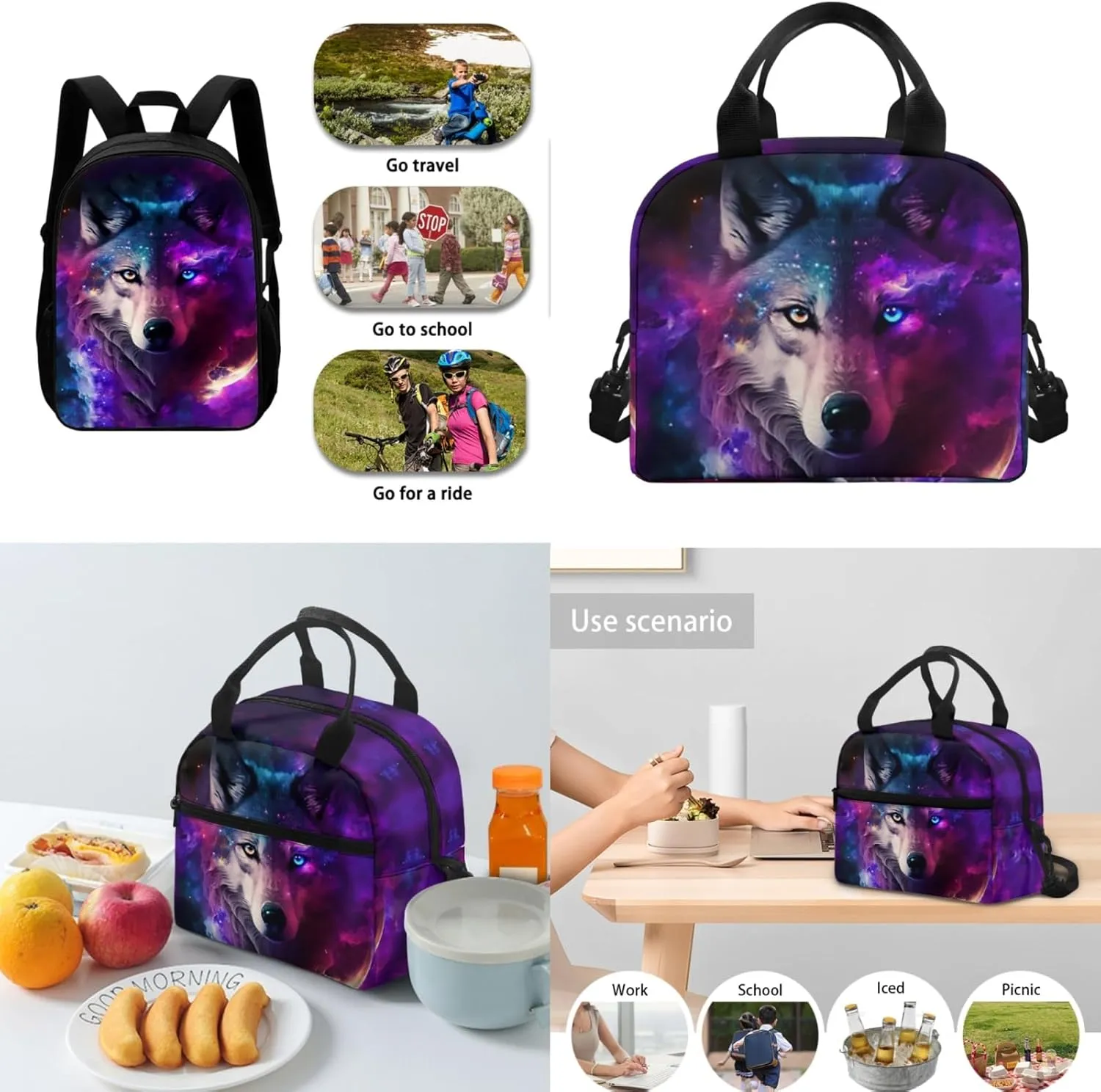 Merkmak Starry Wolf Boys Backpack with Lunch Box Set for 1St 2Nd Kids Cool Bookbag 17 Inch School Bag for Age 3-12 Children Lightweight Book Bags for Back to School Gifts