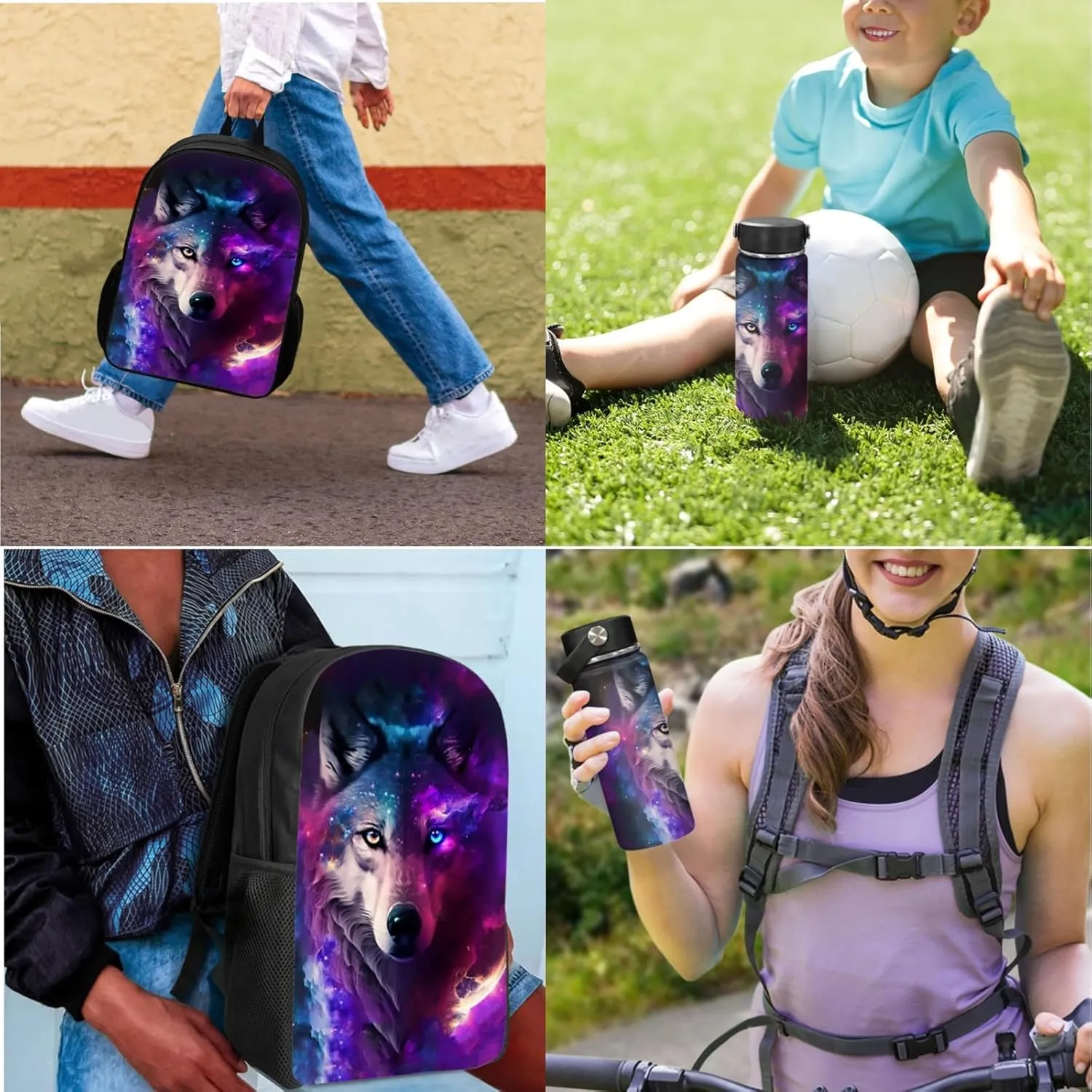 Merkmak Starry Wolf Boys Backpack with Lunch Box Set for 1St 2Nd Kids Cool Bookbag 17 Inch School Bag for Age 3-12 Children Lightweight Book Bags for Back to School Gifts