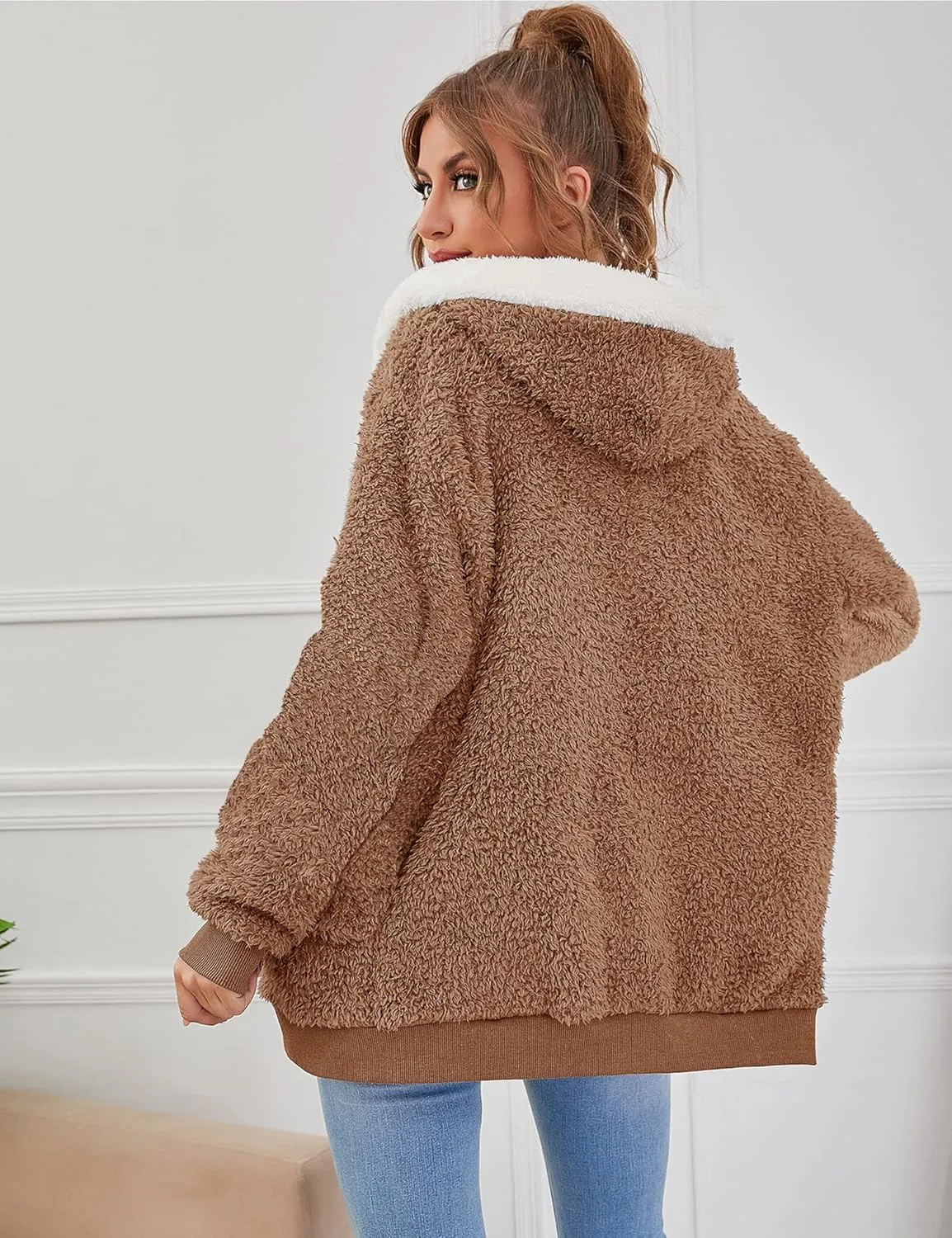 Micoson Women Fashion Color Block Faux Shearling Coat Warm Hooded Zip Up Fuzzy Winter Jacket with Pockets