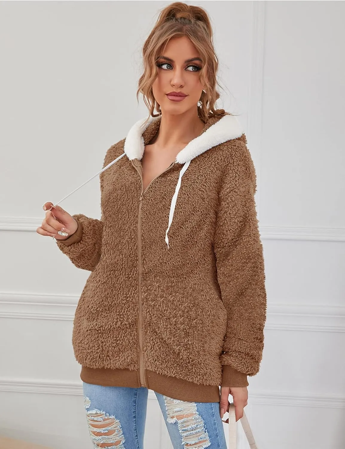 Micoson Women Fashion Color Block Faux Shearling Coat Warm Hooded Zip Up Fuzzy Winter Jacket with Pockets