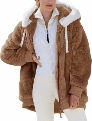Micoson Women Fashion Color Block Faux Shearling Coat Warm Hooded Zip Up Fuzzy Winter Jacket with Pockets