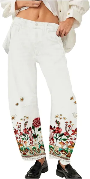 Mid Rise Barrel Jeans for Women Wide Leg Cropped Loose Denim Ankle Pants Baggy Boyfriend Jeans with Pockets