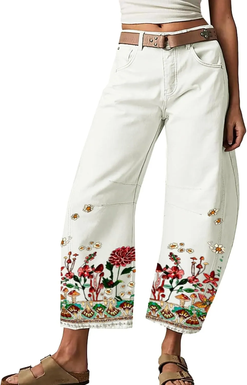 Mid Rise Barrel Jeans for Women Wide Leg Cropped Loose Denim Ankle Pants Baggy Boyfriend Jeans with Pockets