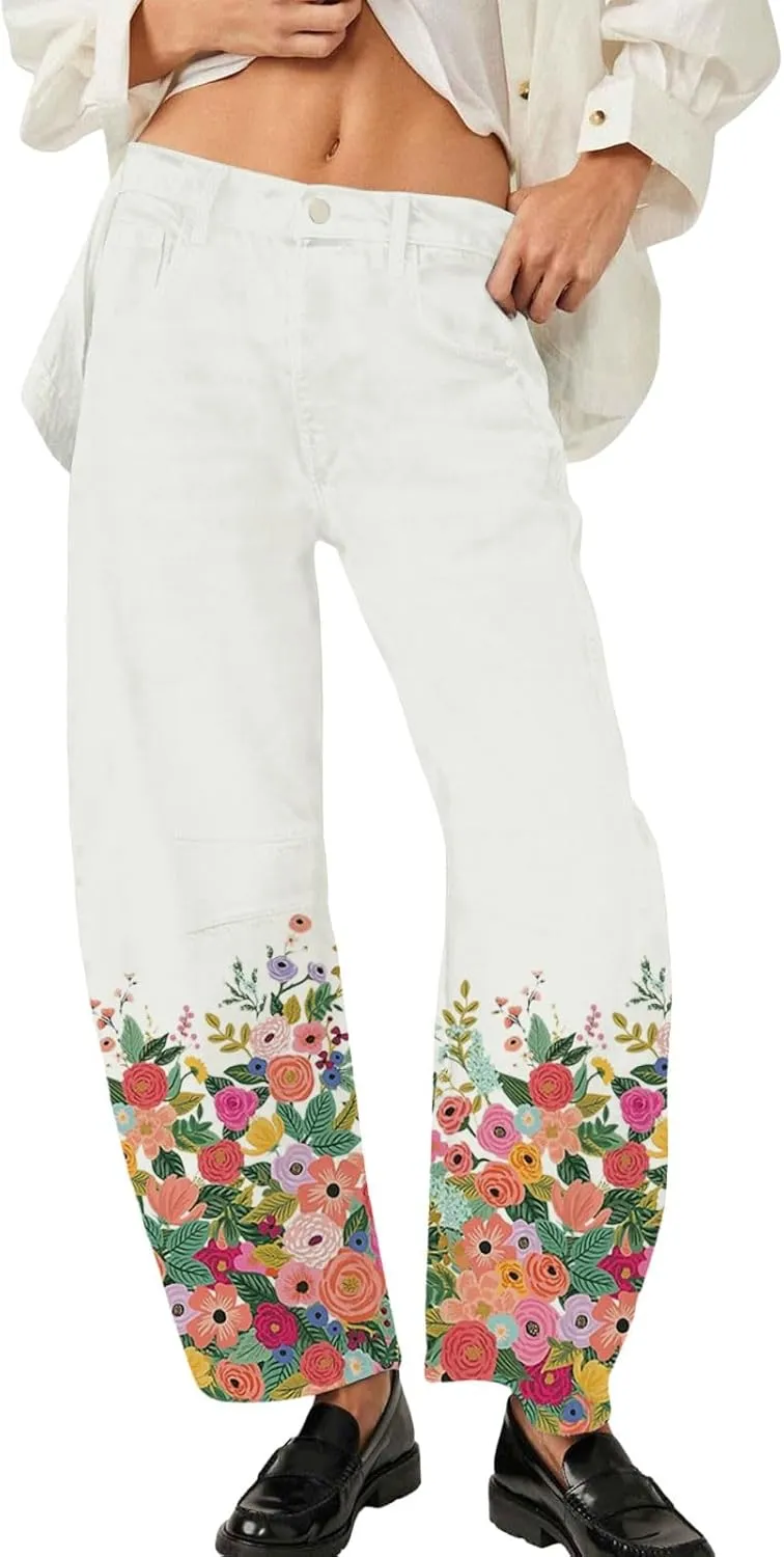 Mid Rise Barrel Jeans for Women Wide Leg Cropped Loose Denim Ankle Pants Baggy Boyfriend Jeans with Pockets