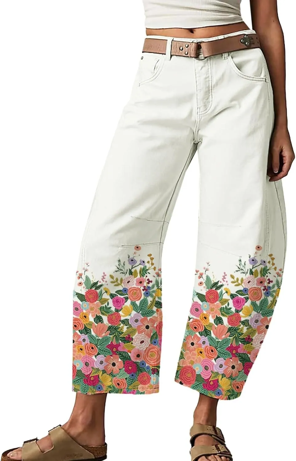 Mid Rise Barrel Jeans for Women Wide Leg Cropped Loose Denim Ankle Pants Baggy Boyfriend Jeans with Pockets