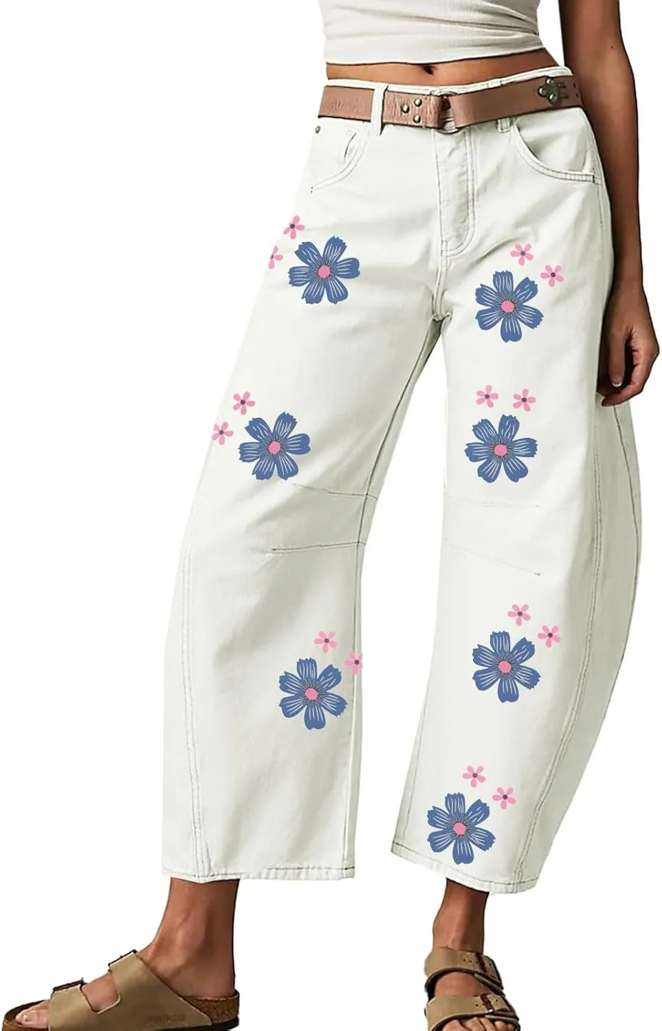 Mid Rise Barrel Jeans for Women Wide Leg Cropped Loose Denim Ankle Pants Baggy Boyfriend Jeans with Pockets