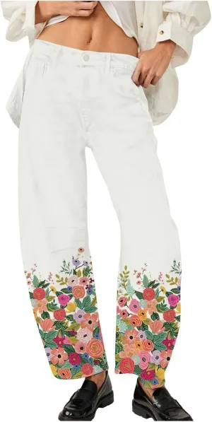 Mid Rise Barrel Jeans for Women Wide Leg Cropped Loose Denim Ankle Pants Baggy Boyfriend Jeans with Pockets